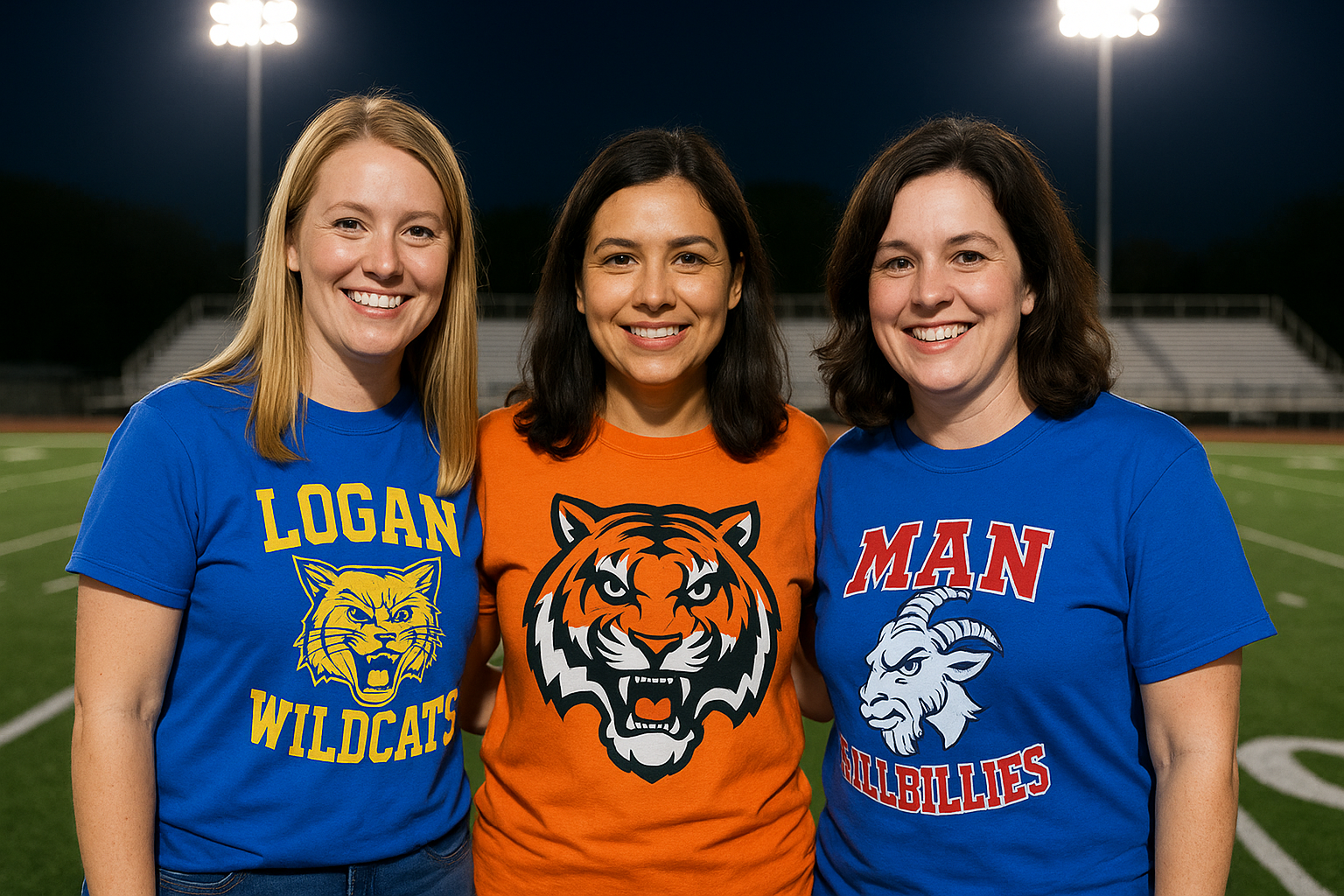 three women standing in front of football field. one woman is wearing a blue and gold wildcat shirt that says Logan Wildcats. One woman is wearing an orange and black shirt with a tiger on it. One woman is wearing a blue and red shirt with a billy goat that says Man Hillbillies.