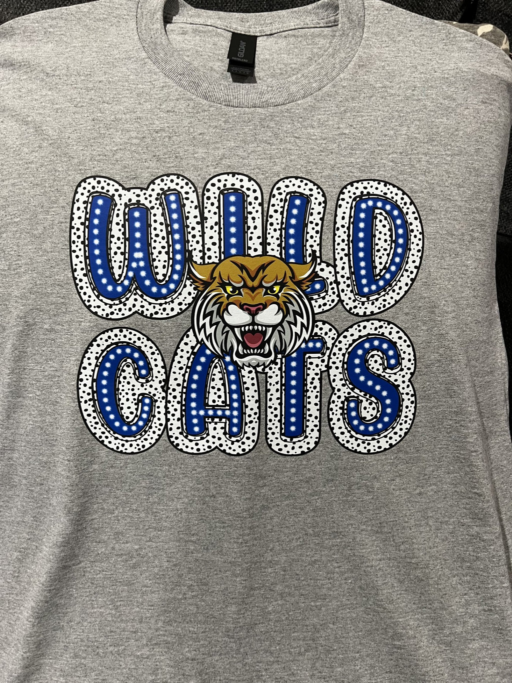 Blue and White Polka Dot Logan Wildcat T Shirt