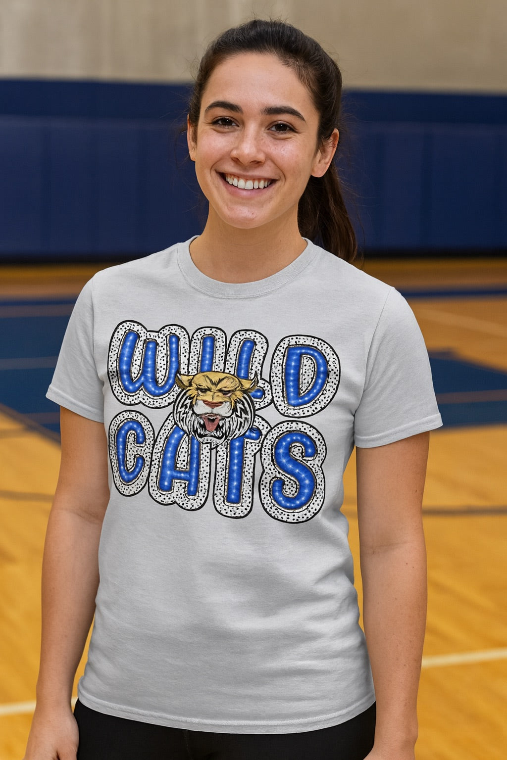 Blue and White Polka Dot Logan Wildcat T Shirt